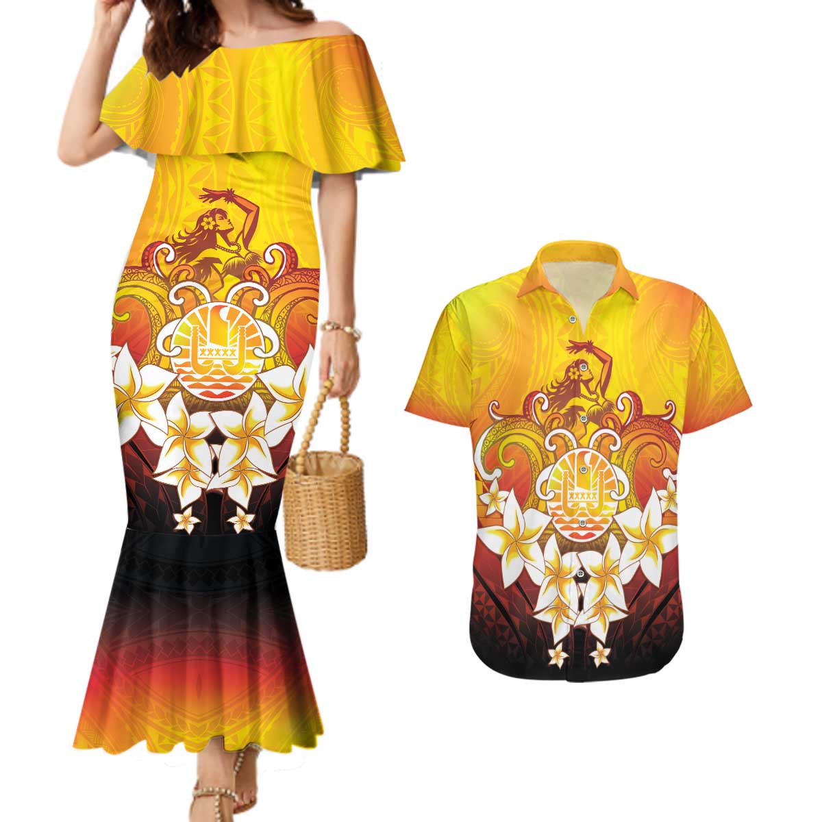Tahiti Heiva Festival Couples Matching Mermaid Dress and Hawaiian Shirt Tahitian Vahine Plumeria Flowers