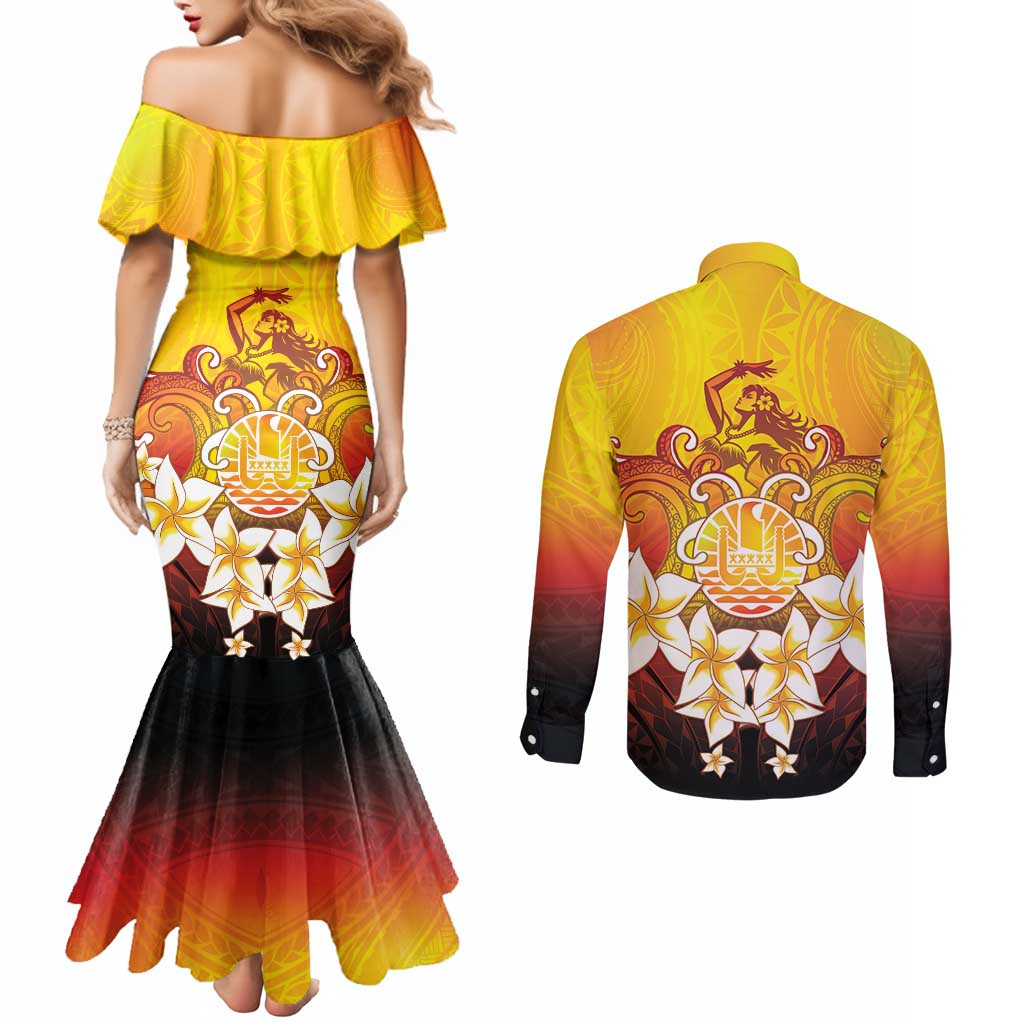 Tahiti Heiva Festival Couples Matching Mermaid Dress and Long Sleeve Button Shirt Tahitian Vahine Plumeria Flowers