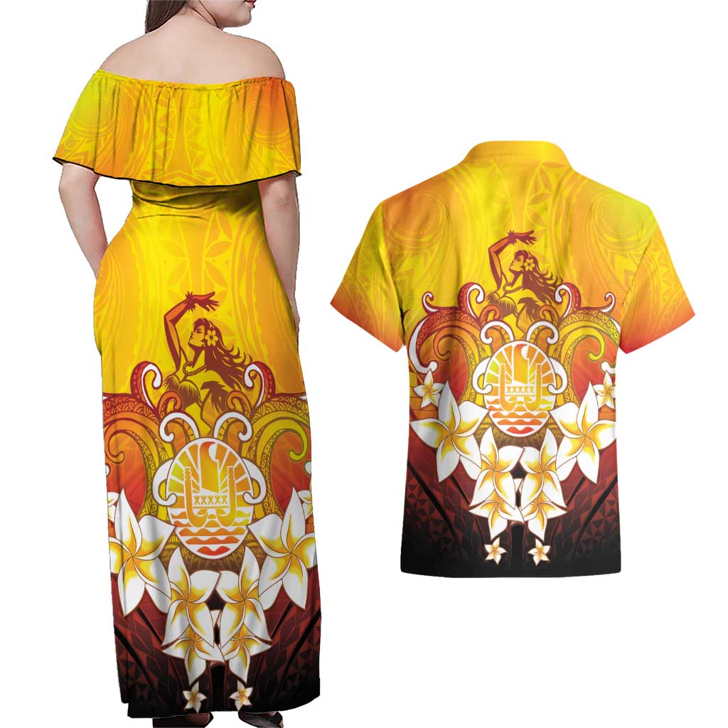 Tahiti Heiva Festival Couples Matching Off Shoulder Maxi Dress and Hawaiian Shirt Tahitian Vahine Plumeria Flowers