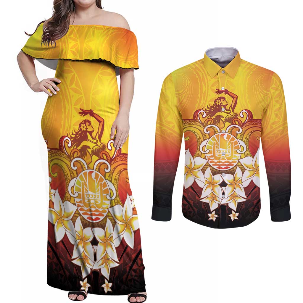 Tahiti Heiva Festival Couples Matching Off Shoulder Maxi Dress and Long Sleeve Button Shirt Tahitian Vahine Plumeria Flowers