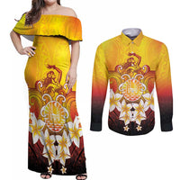Tahiti Heiva Festival Couples Matching Off Shoulder Maxi Dress and Long Sleeve Button Shirt Tahitian Vahine Plumeria Flowers