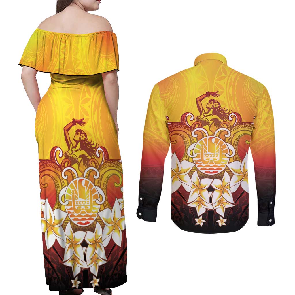 Tahiti Heiva Festival Couples Matching Off Shoulder Maxi Dress and Long Sleeve Button Shirt Tahitian Vahine Plumeria Flowers