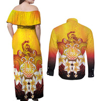 Tahiti Heiva Festival Couples Matching Off Shoulder Maxi Dress and Long Sleeve Button Shirt Tahitian Vahine Plumeria Flowers
