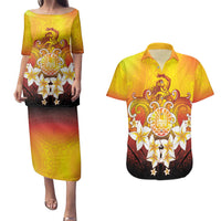 Tahiti Heiva Festival Couples Matching Puletasi and Hawaiian Shirt Tahitian Vahine Plumeria Flowers