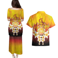 Tahiti Heiva Festival Couples Matching Puletasi and Hawaiian Shirt Tahitian Vahine Plumeria Flowers