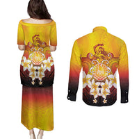 Tahiti Heiva Festival Couples Matching Puletasi and Long Sleeve Button Shirt Tahitian Vahine Plumeria Flowers