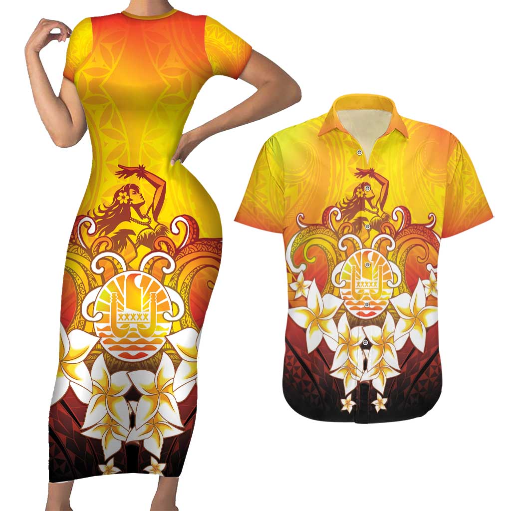 Tahiti Heiva Festival Couples Matching Short Sleeve Bodycon Dress and Hawaiian Shirt Tahitian Vahine Plumeria Flowers