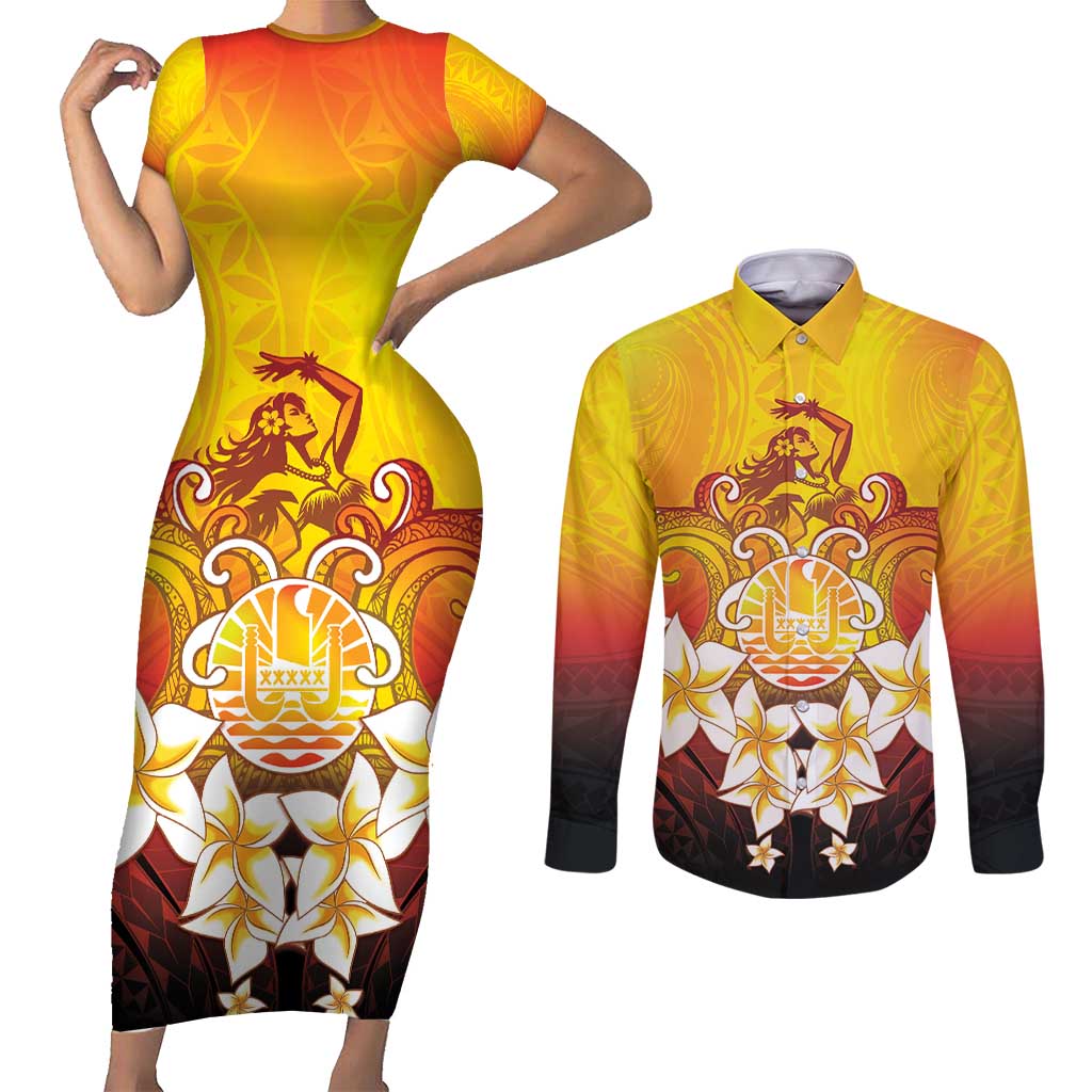 Tahiti Heiva Festival Couples Matching Short Sleeve Bodycon Dress and Long Sleeve Button Shirt Tahitian Vahine Plumeria Flowers