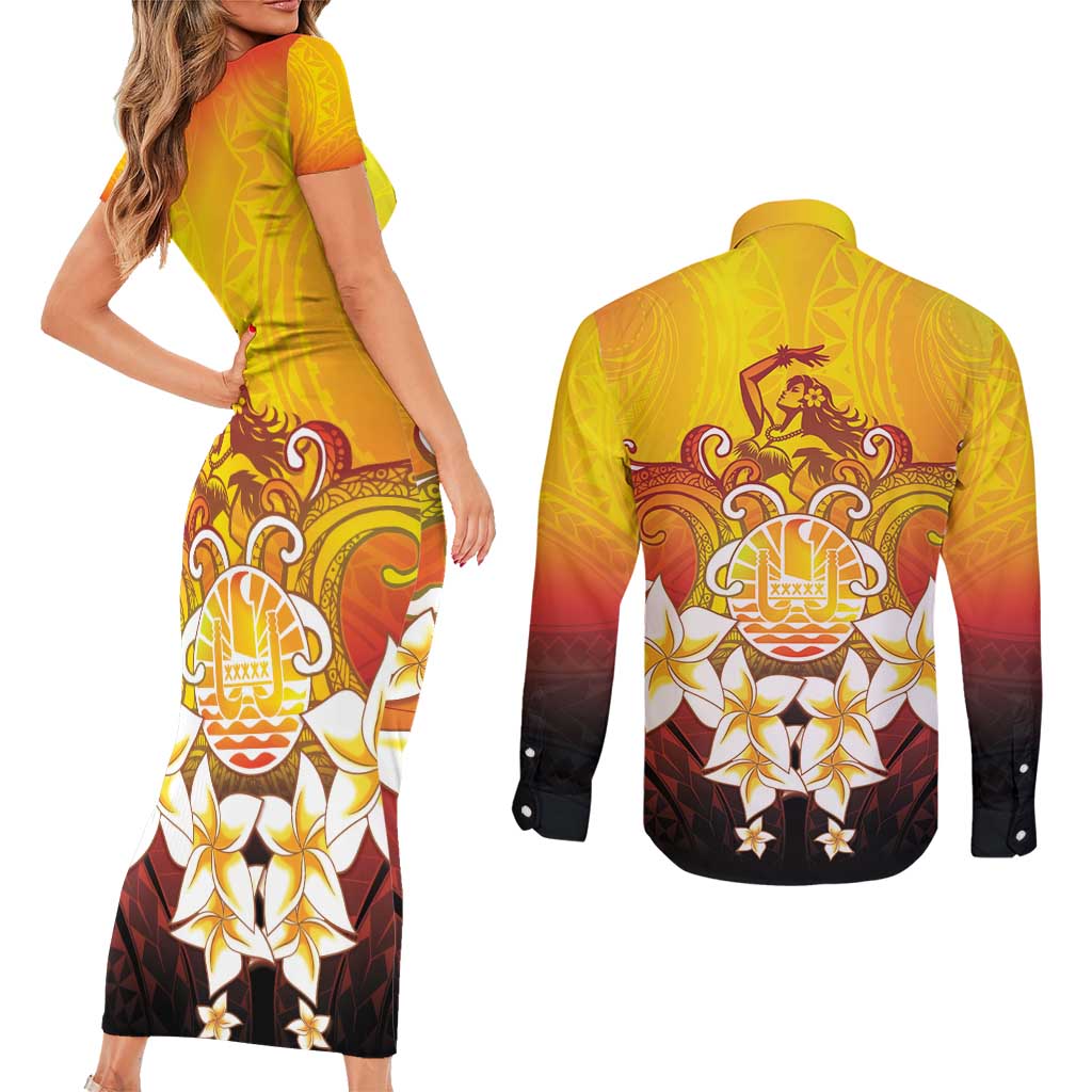 Tahiti Heiva Festival Couples Matching Short Sleeve Bodycon Dress and Long Sleeve Button Shirt Tahitian Vahine Plumeria Flowers