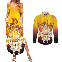 Tahiti Heiva Festival Couples Matching Summer Maxi Dress and Long Sleeve Button Shirt Tahitian Vahine Plumeria Flowers