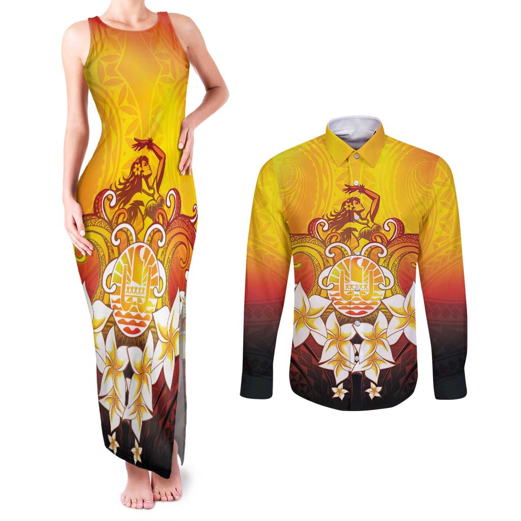 Tahiti Heiva Festival Couples Matching Tank Maxi Dress and Long Sleeve Button Shirt Tahitian Vahine Plumeria Flowers