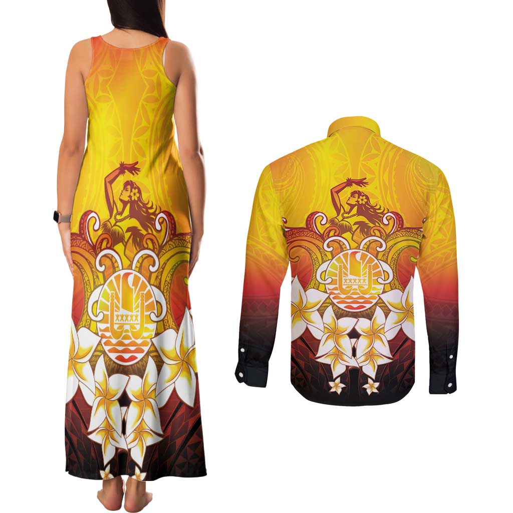 Tahiti Heiva Festival Couples Matching Tank Maxi Dress and Long Sleeve Button Shirt Tahitian Vahine Plumeria Flowers