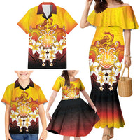 Tahiti Heiva Festival Family Matching Mermaid Dress and Hawaiian Shirt Tahitian Vahine Plumeria Flowers