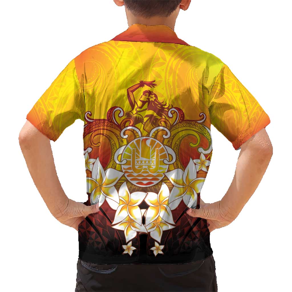 Tahiti Heiva Festival Family Matching Short Sleeve Bodycon Dress and Hawaiian Shirt Tahitian Vahine Plumeria Flowers