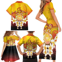 Tahiti Heiva Festival Family Matching Short Sleeve Bodycon Dress and Hawaiian Shirt Tahitian Vahine Plumeria Flowers