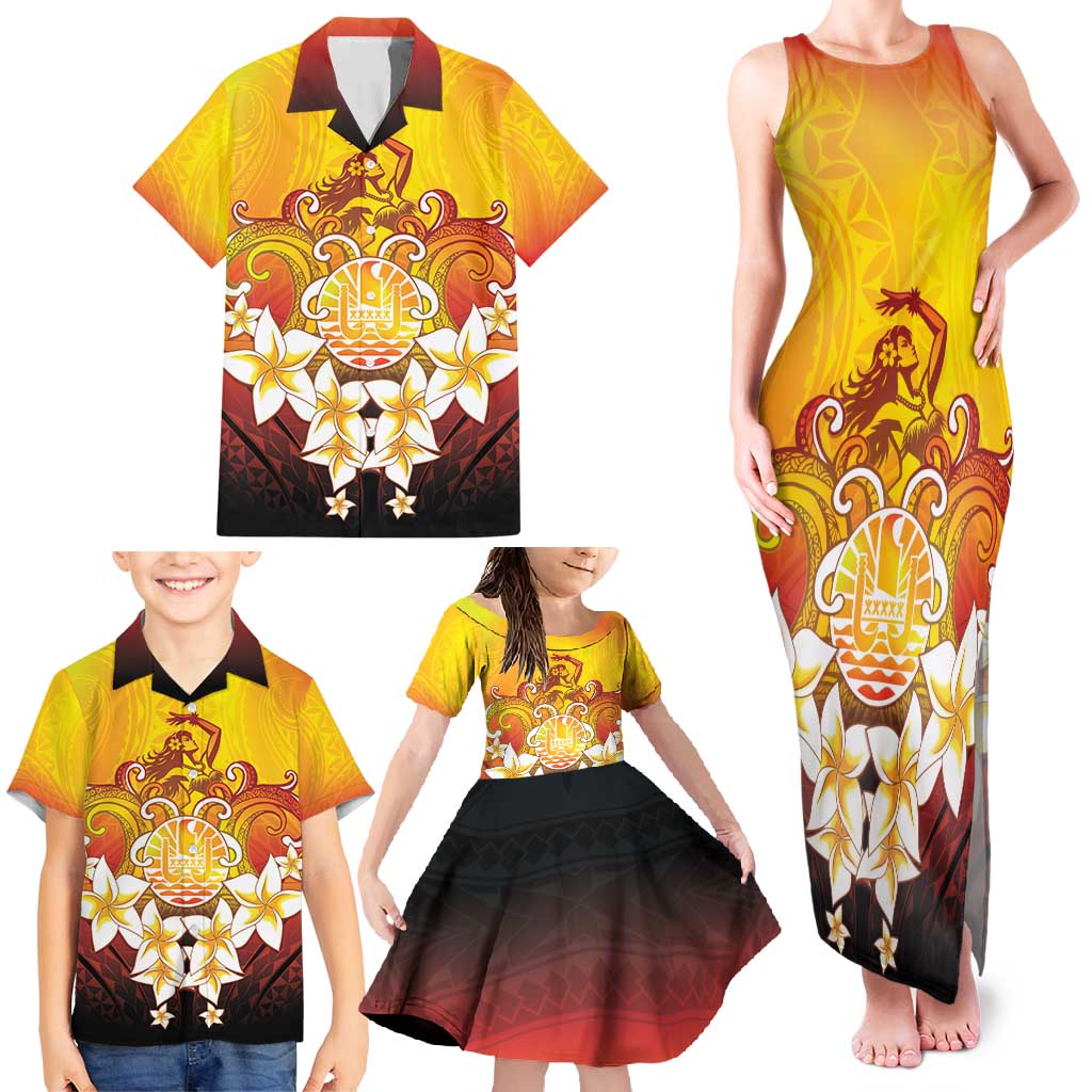 Tahiti Heiva Festival Family Matching Tank Maxi Dress and Hawaiian Shirt Tahitian Vahine Plumeria Flowers