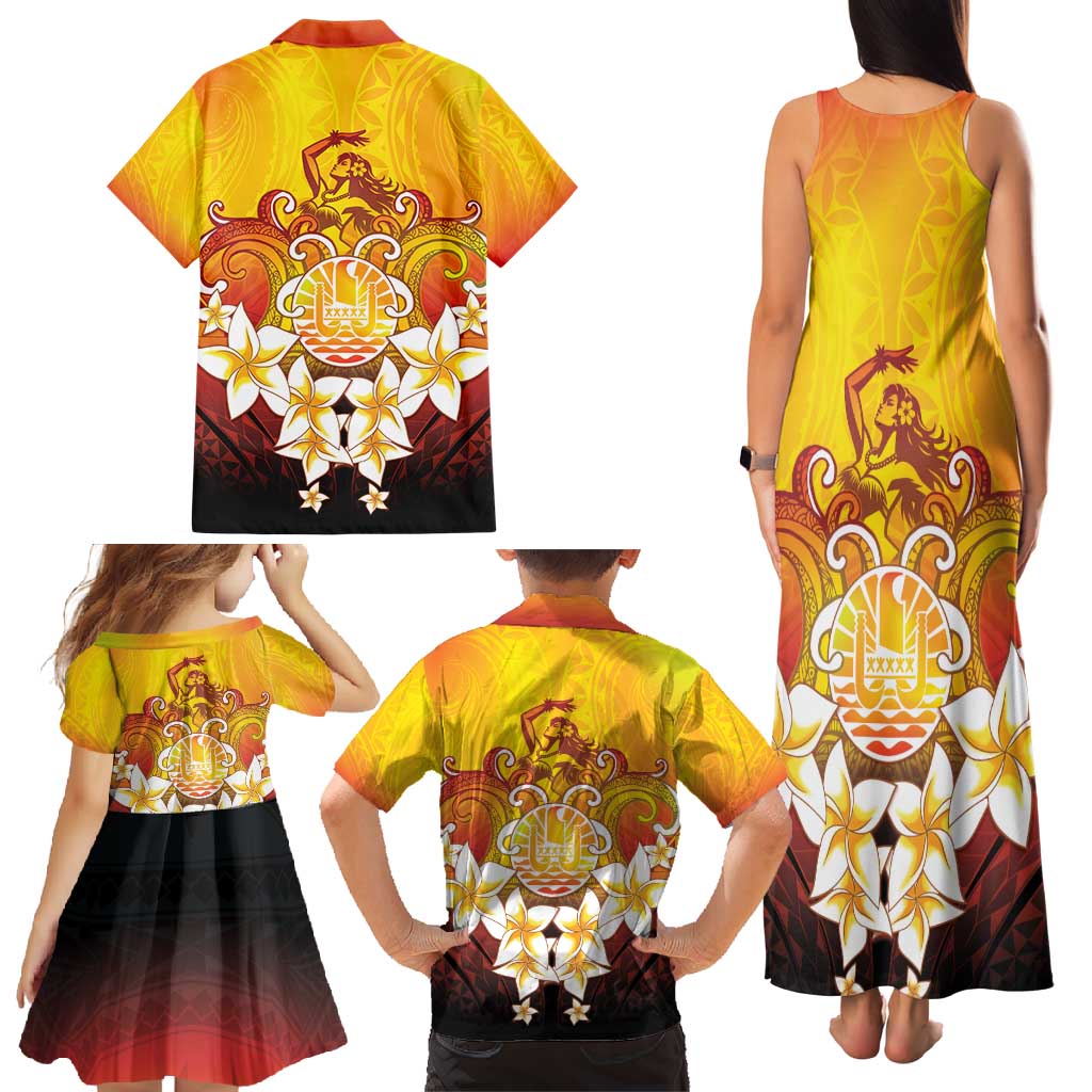Tahiti Heiva Festival Family Matching Tank Maxi Dress and Hawaiian Shirt Tahitian Vahine Plumeria Flowers