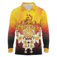 Tahiti Heiva Festival Long Sleeve Polo Shirt Tahitian Vahine Plumeria Flowers