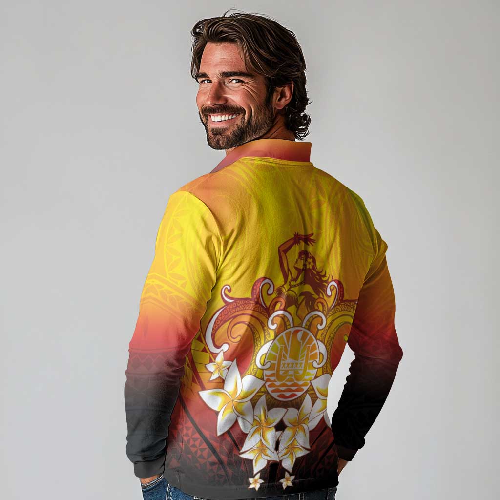 Tahiti Heiva Festival Long Sleeve Polo Shirt Tahitian Vahine Plumeria Flowers