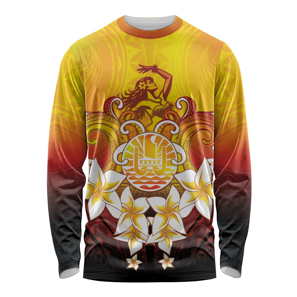 Tahiti Heiva Festival Long Sleeve Shirt Tahitian Vahine Plumeria Flowers