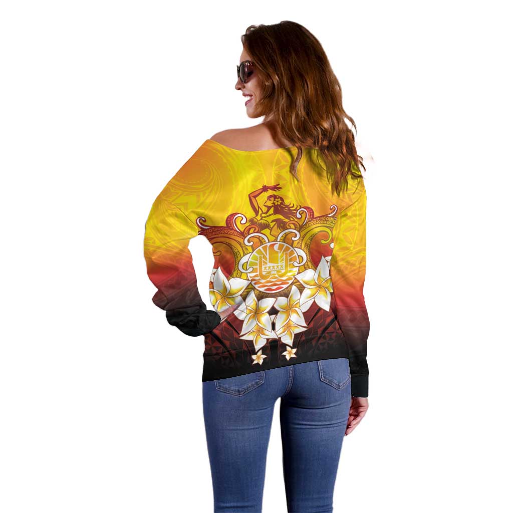 Tahiti Heiva Festival Off Shoulder Sweater Tahitian Vahine Plumeria Flowers