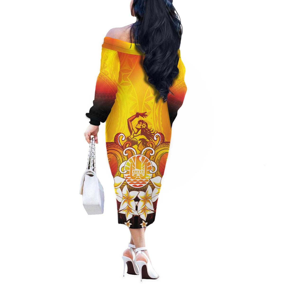 Tahiti Heiva Festival Off The Shoulder Long Sleeve Dress Tahitian Vahine Plumeria Flowers