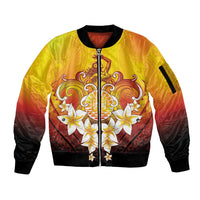Tahiti Heiva Festival Sleeve Zip Bomber Jacket Tahitian Vahine Plumeria Flowers