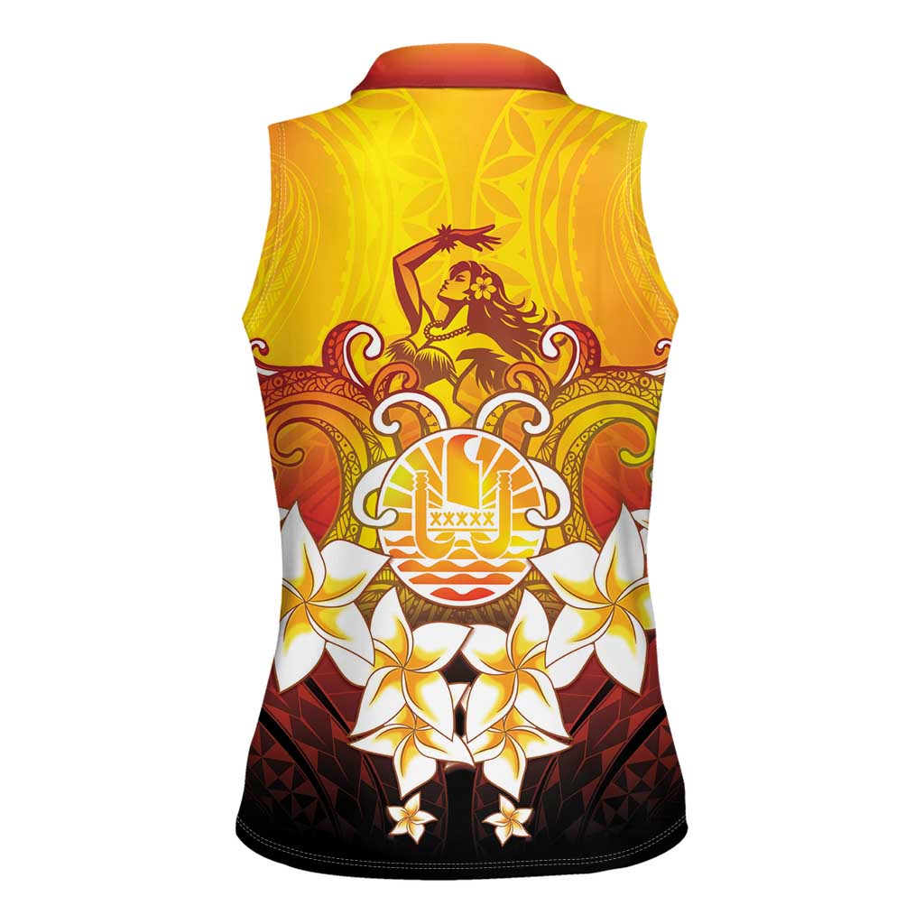 Tahiti Heiva Festival Women Sleeveless Polo Shirt Tahitian Vahine Plumeria Flowers