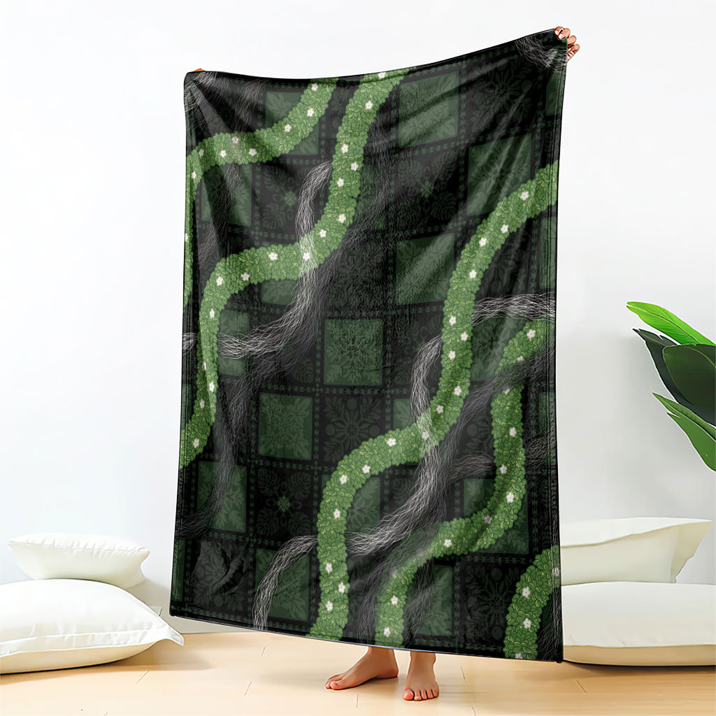 Hawaiian Quilt Blanket Pele Hair Hinahina Lei Black Version