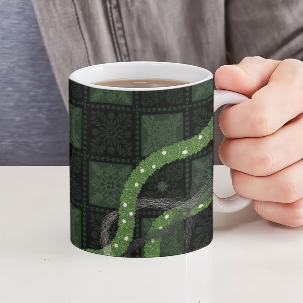Hawaiian Quilt Ceramic Mug Pele Hair Hinahina Lei Black Version