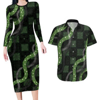 Hawaiian Quilt Couples Matching Long Sleeve Bodycon Dress and Hawaiian Shirt Pele Hair Hinahina Lei Black Version