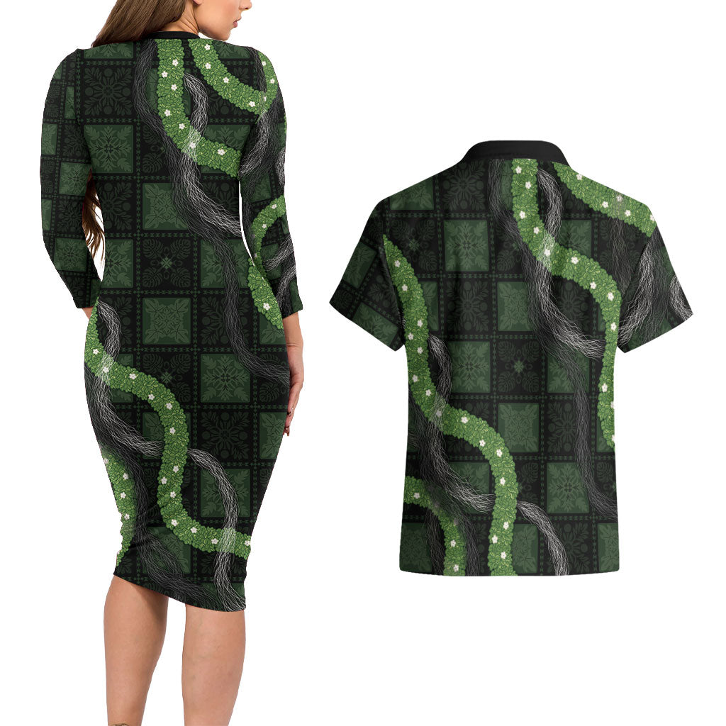 Hawaiian Quilt Couples Matching Long Sleeve Bodycon Dress and Hawaiian Shirt Pele Hair Hinahina Lei Black Version