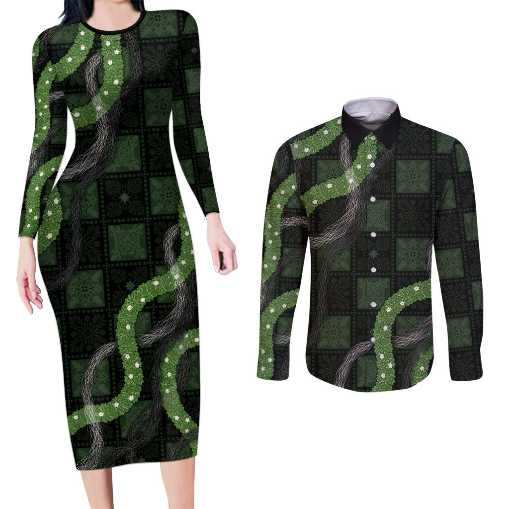 Hawaiian Quilt Couples Matching Long Sleeve Bodycon Dress and Long Sleeve Button Shirt Pele Hair Hinahina Lei Black Version LT05 Black - Polynesian Pride