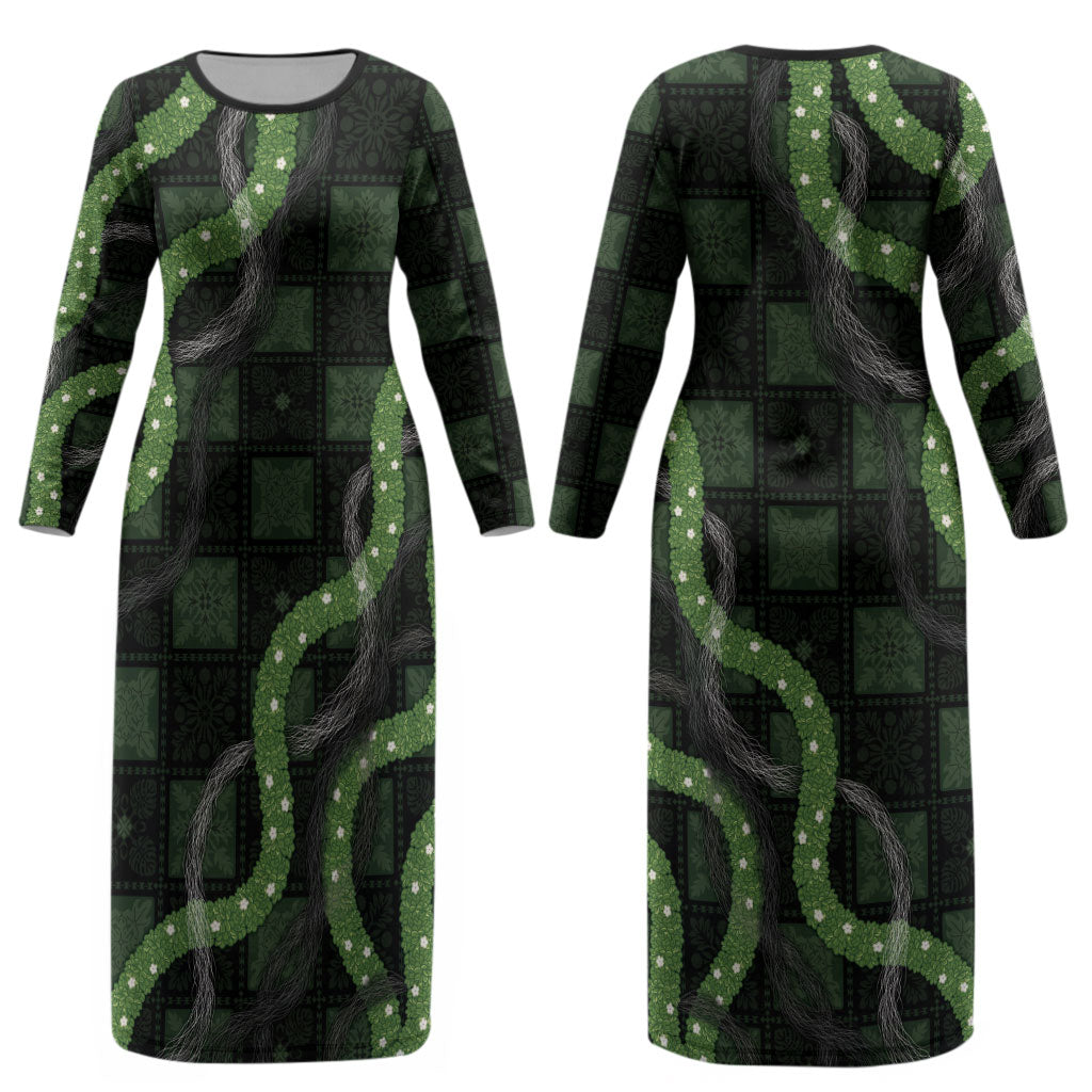 Hawaiian Quilt Couples Matching Long Sleeve Bodycon Dress and Long Sleeve Button Shirt Pele Hair Hinahina Lei Black Version LT05