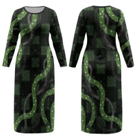 Hawaiian Quilt Couples Matching Long Sleeve Bodycon Dress and Long Sleeve Button Shirt Pele Hair Hinahina Lei Black Version LT05
