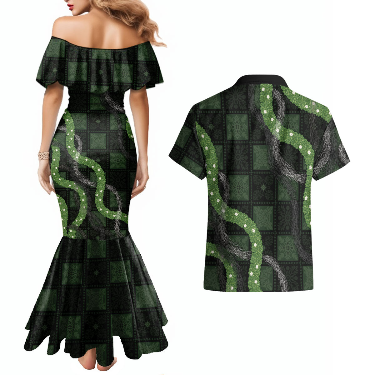 Hawaiian Quilt Couples Matching Mermaid Dress and Hawaiian Shirt Pele Hair Hinahina Lei Black Version