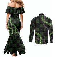 Hawaiian Quilt Couples Matching Mermaid Dress and Long Sleeve Button Shirt Pele Hair Hinahina Lei Black Version