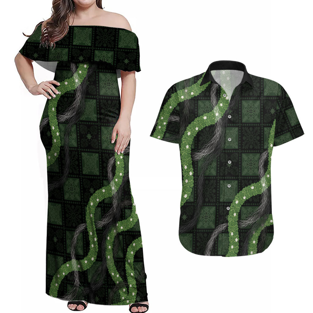 Hawaiian Quilt Couples Matching Off Shoulder Maxi Dress and Hawaiian Shirt Pele Hair Hinahina Lei Black Version LT05 Black - Polynesian Pride