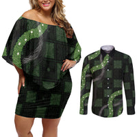 Hawaiian Quilt Couples Matching Off Shoulder Short Dress and Long Sleeve Button Shirt Pele Hair Hinahina Lei Black Version