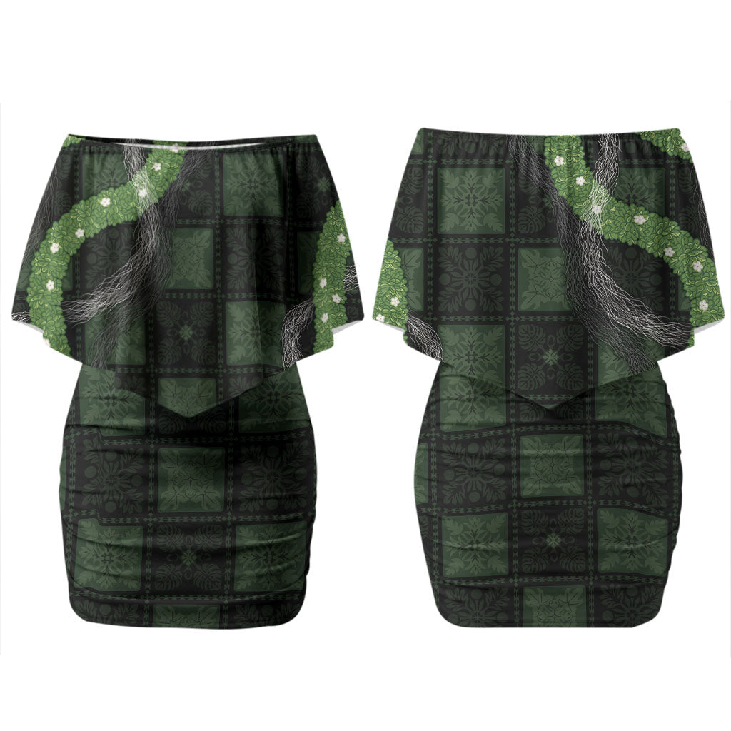 Hawaiian Quilt Couples Matching Off Shoulder Short Dress and Long Sleeve Button Shirt Pele Hair Hinahina Lei Black Version LT05