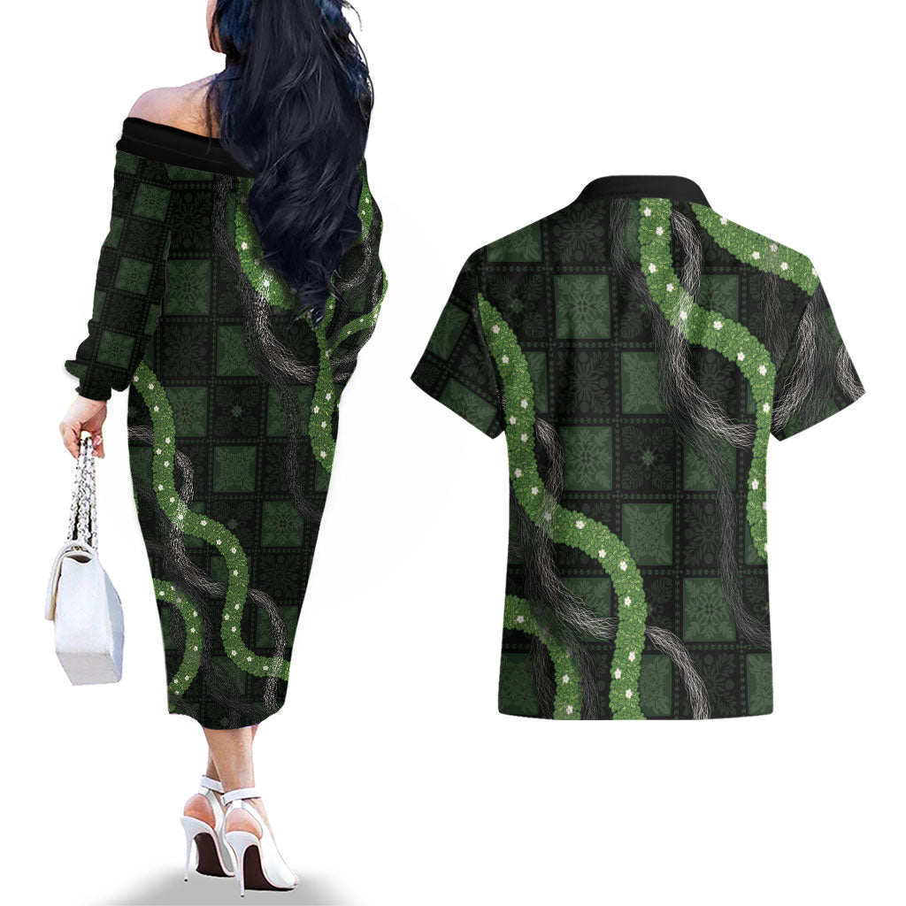 Hawaiian Quilt Couples Matching Off The Shoulder Long Sleeve Dress and Hawaiian Shirt Pele Hair Hinahina Lei Black Version