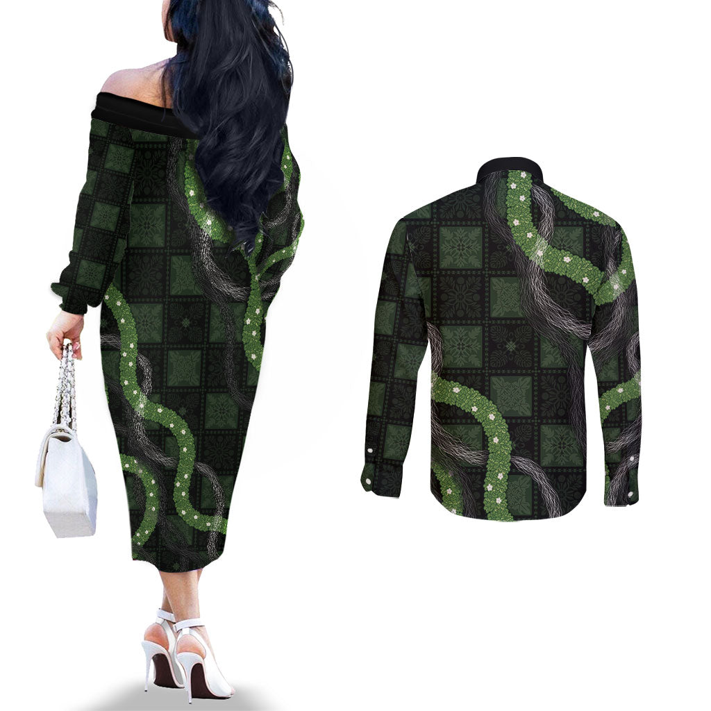 Hawaiian Quilt Couples Matching Off The Shoulder Long Sleeve Dress and Long Sleeve Button Shirt Pele Hair Hinahina Lei Black Version