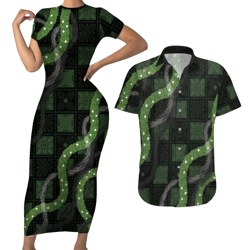 Hawaiian Quilt Couples Matching Short Sleeve Bodycon Dress and Hawaiian Shirt Pele Hair Hinahina Lei Black Version