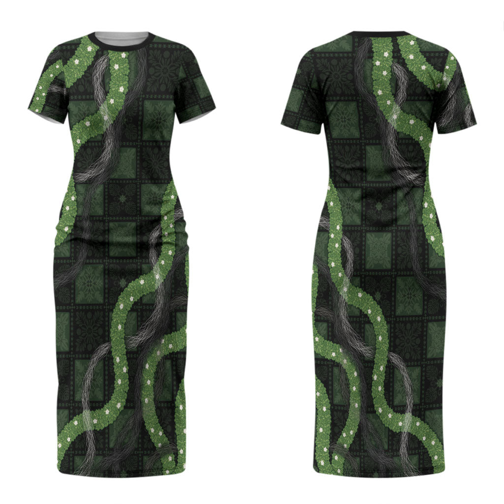 Hawaiian Quilt Couples Matching Short Sleeve Bodycon Dress and Hawaiian Shirt Pele Hair Hinahina Lei Black Version LT05 - Polynesian Pride