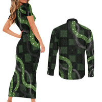 Hawaiian Quilt Couples Matching Short Sleeve Bodycon Dress and Long Sleeve Button Shirt Pele Hair Hinahina Lei Black Version