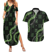 Hawaiian Quilt Couples Matching Summer Maxi Dress and Hawaiian Shirt Pele Hair Hinahina Lei Black Version