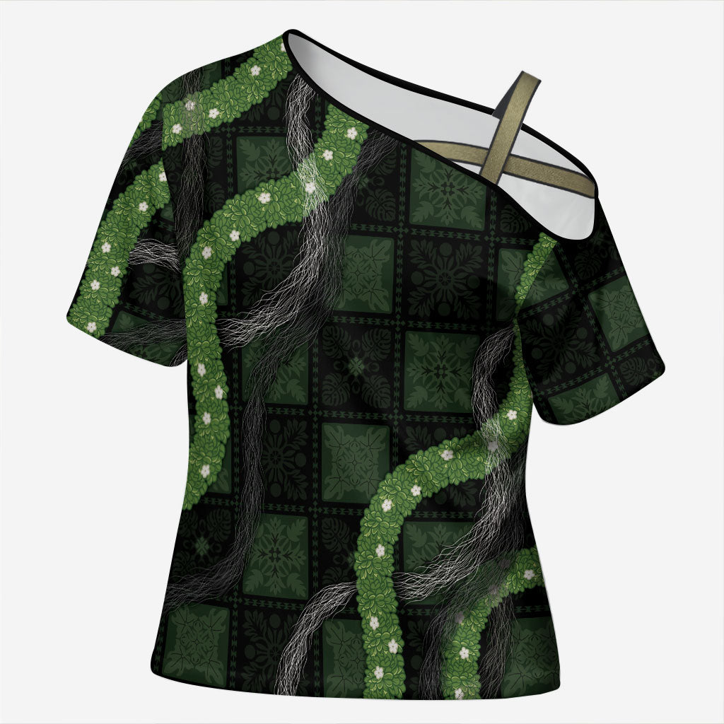 Hawaiian Quilt Cross Shoulder Shirt Pele Hair Hinahina Lei Black Version LT05 Female Black - Polynesian Pride