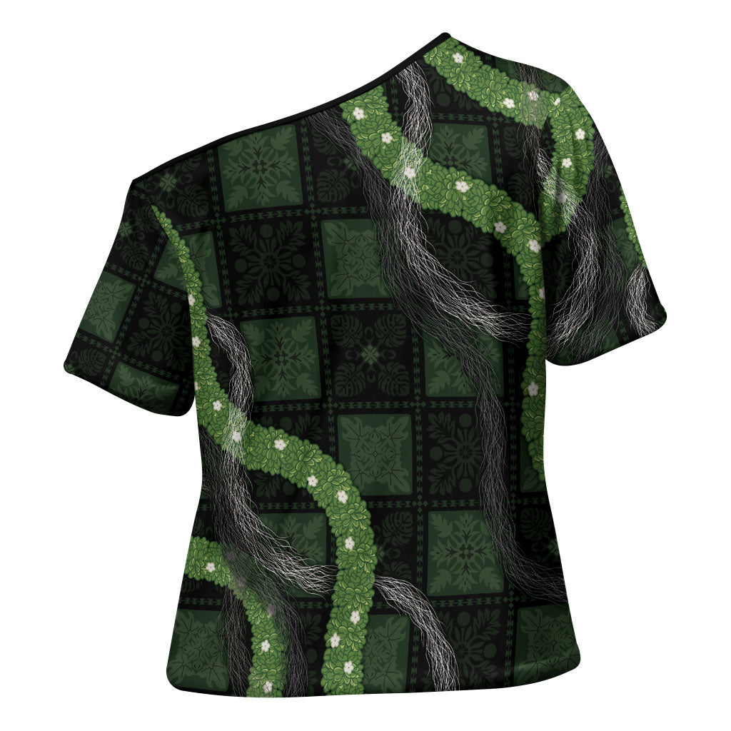 Hawaiian Quilt Cross Shoulder Shirt Pele Hair Hinahina Lei Black Version