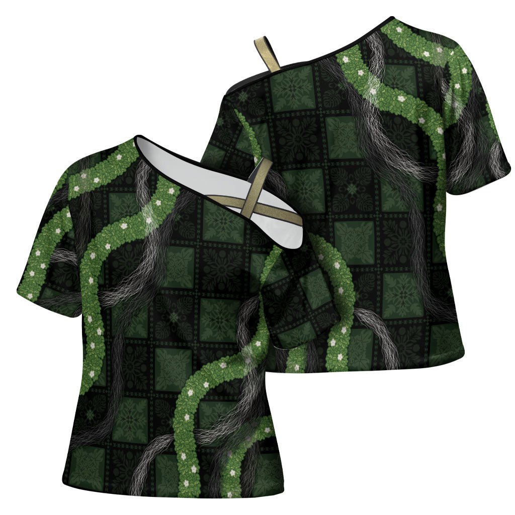 Hawaiian Quilt Cross Shoulder Shirt Pele Hair Hinahina Lei Black Version