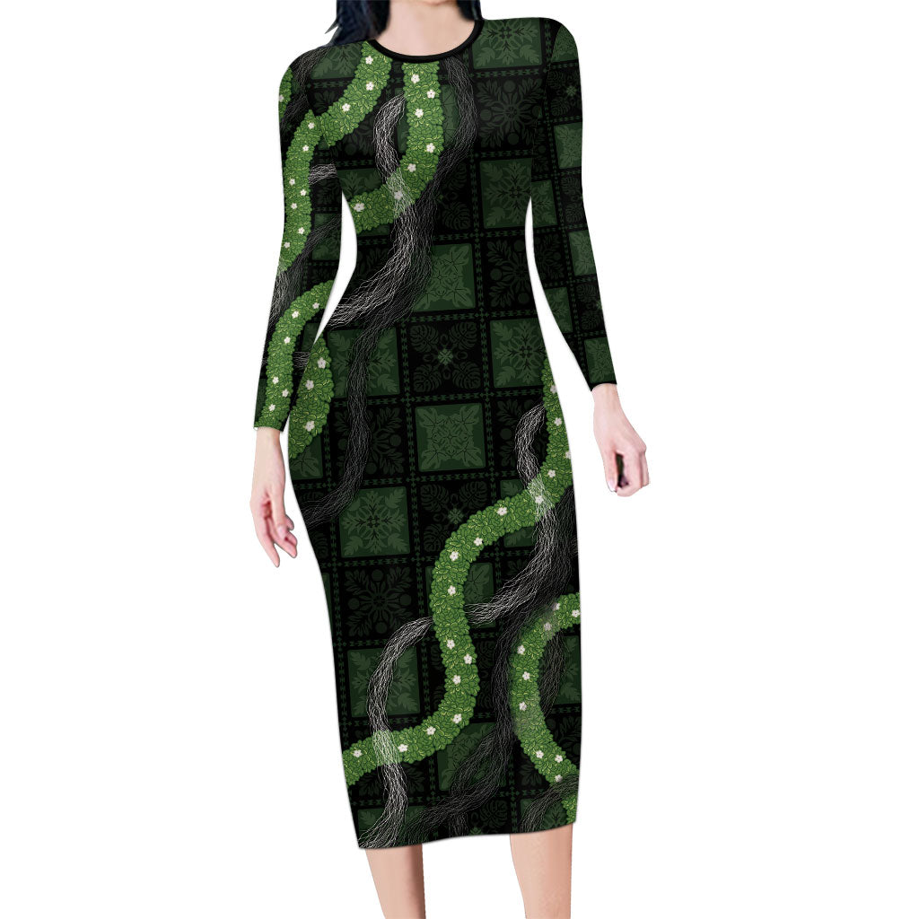 Hawaiian Quilt Family Matching Long Sleeve Bodycon Dress and Hawaiian Shirt Pele Hair Hinahina Lei Black Version